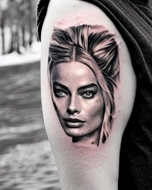 Image similar to creative double exposure effect tattoo design sketch of margot robbie face blended in beautiful mountain scenery, realism tattoo, in the style of matteo pasqualin, amazing detail, sharp