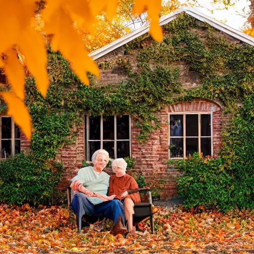 Prompt: impossibly beautiful photo of a brick house, with overgrown vines and foliage, all turning colors in autumn, with elderly couple sitting out front, relaxing at Golden hour, 4k, super detailed textures, high dynamic range