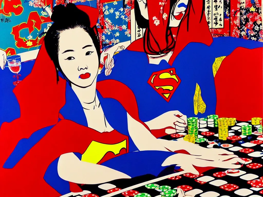 Prompt: hyperrealism composition of the detailed woman in a japanese kimono sitting at a poker table with superman, fireworks on the background, pop - art style, jacky tsai style, andy warhol style, acrylic on canvas