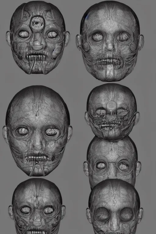 Prompt: mayan facial anatomy with gunmetal grey skin, medical anatomy, very symmetrical face, highly detailed, three - perspective / three - view reference sheet ( front / back / side ), in the style of dan ouellette, steven jung, amanda lilleston, hr giger, sil from species, dren from splice, mecha, artstation, unreal engine