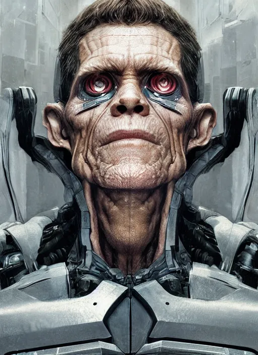 Image similar to portrait of willem dafoe as victor stone, cyborg, borg, strogg, face of a man, terminator, flesh, quake strogg, doom demon, wolfenstein, monstrous, symmetry, symmetrical, concept art by ruan jia and greg rutkowski