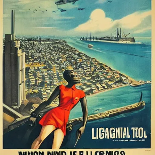 Image similar to ww 2 propaganda poster showing the tropical city of lagos nigeria with no text