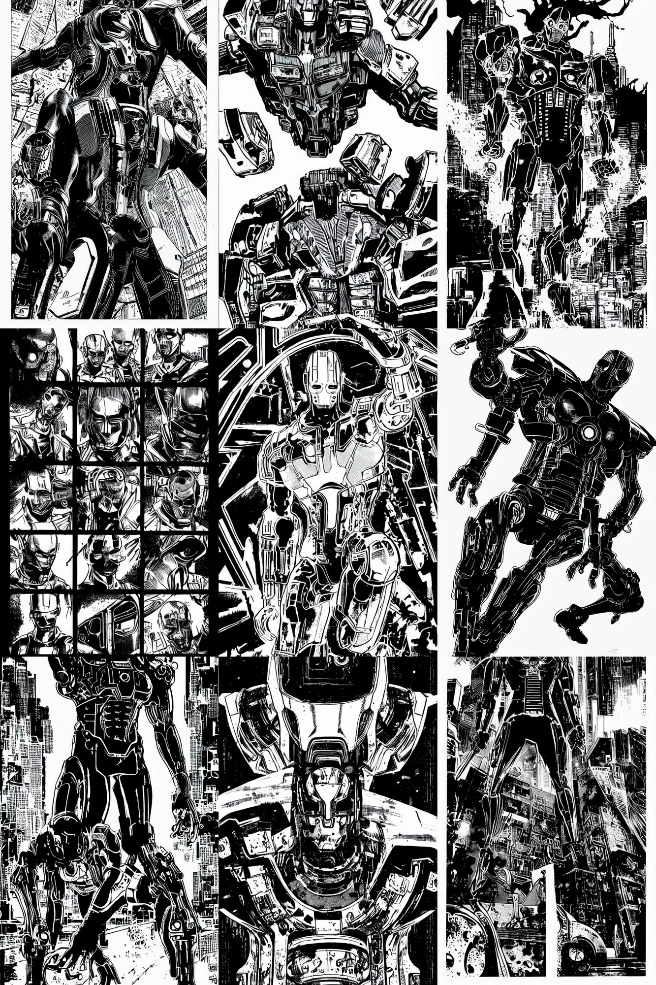 Image similar to ultron, a page from cyberpunk 2 0 2 0, style of paolo parente, style of mike jackson, 1 9 9 0 s comic book style, white background, ink drawing, black and white