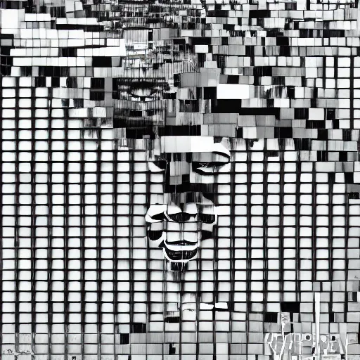 Image similar to defragmentation ( becoming whole with the glitch inside ), in the style of hiroya oku and ryoji ikeda and stanley kubrick, black and white, photorealistic, epic, super technical, 3 d render