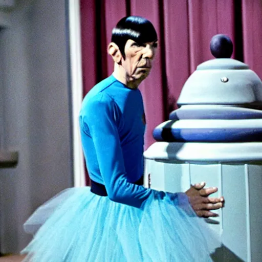 Prompt: color photo of spock in a tutu exiting the tardis