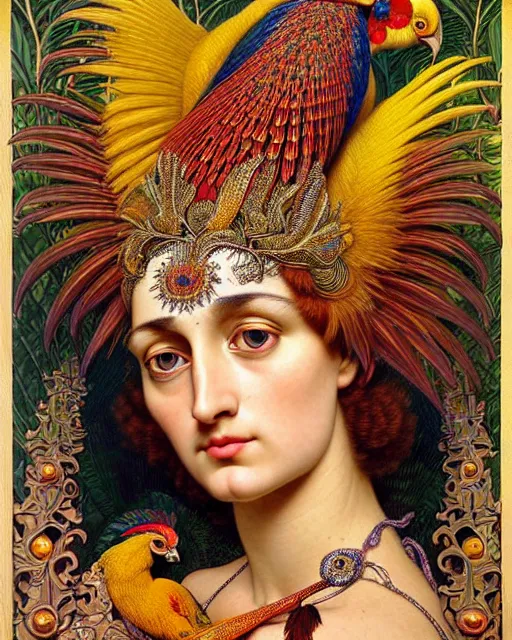 Image similar to hyperrealistic detailed face portrait of the beautiful goddess of the golden pheasants with an intricate headgear of golden pheasant, red berries, leaves, field flowers, pears, apples, art by ernst haeckel, john william godward, android jones, alphonso mucha, h. r. giger, gothic - cyberpunk, ornamental, beautiful deep colours,