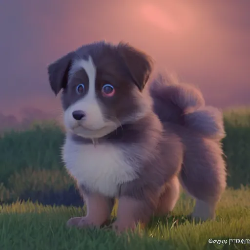 Image similar to a wholesome animation key shot of a grey australian shepherd puppy, studio ghibli, pixar and disney animation, sharp, rendered in unreal engine 5, anime key art by greg rutkowski, bloom, dramatic lighting