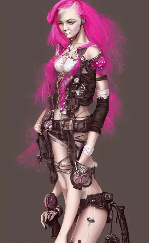 Image similar to pink hair girl dressed with inspirations from steampunk style, high detailed, digital art, trending on artstation, devianart, cgsociety