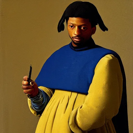 Prompt: a painting of 2 1 savage in knights armor by vermeer