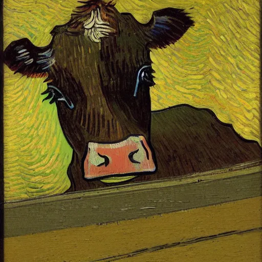 Image similar to a brown cow falling down an endless flight of stairs, van gogh painting