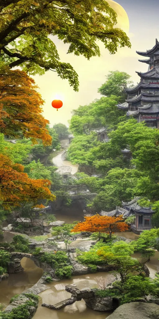 Image similar to A ultra-realistic CG rendering of Ancient China,There is a stream, jiangnan ancient buildings on besides of the stream,in the evening,Orange leaf maple tree, a moon in the sky, 8k,