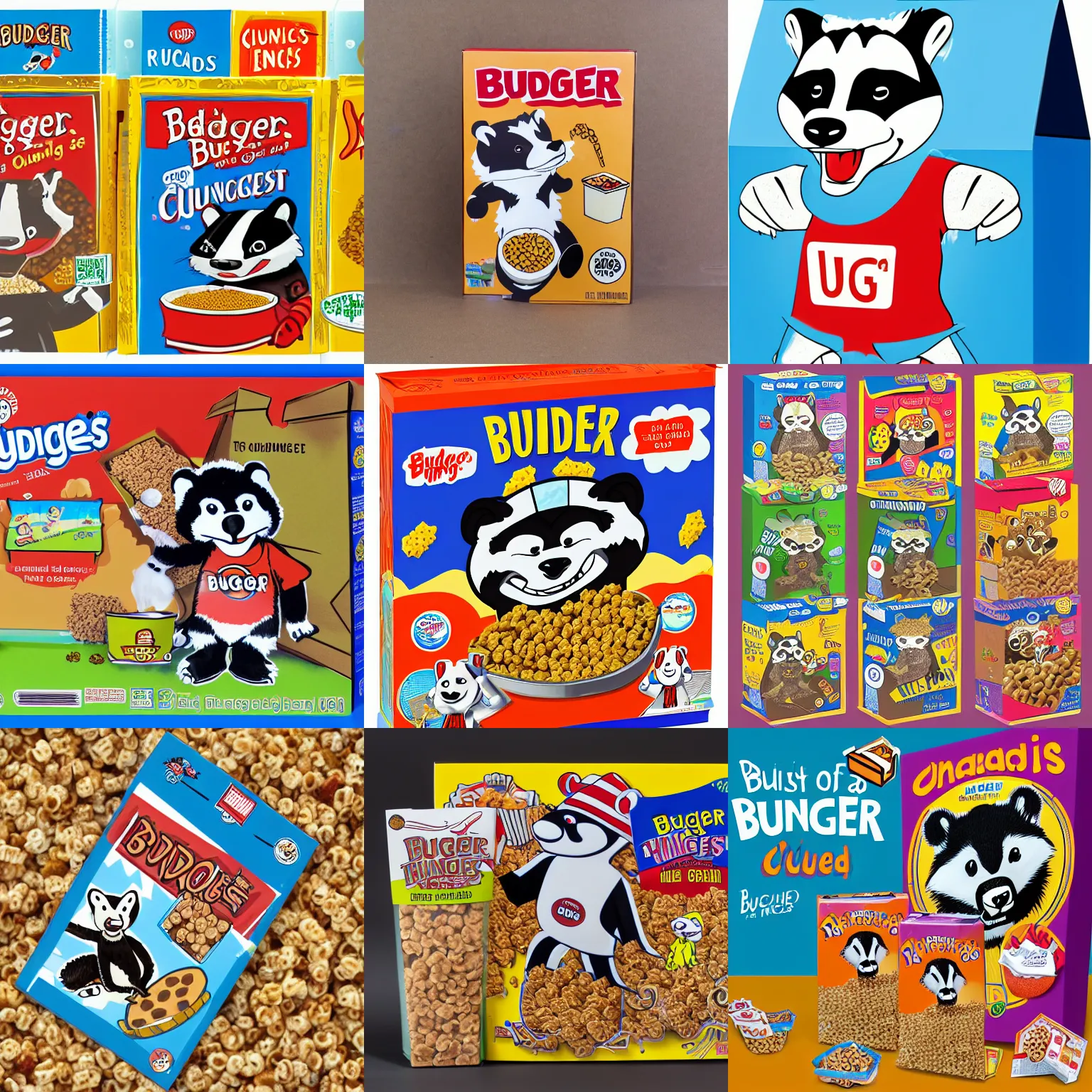 Prompt: a box of badger bunches cereal, featuring the mascot bruce the badger, cereal box illustration, cereal mascot, cartoon badger, furry art