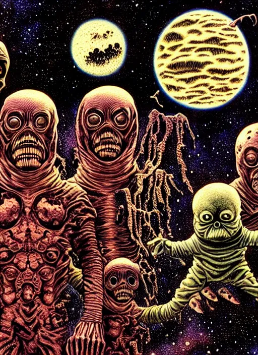 Image similar to detailed image of a creepy family in the deep space by richard corben, rich deep colors. masterpiece . intricate artwork, cinematic, hyper realism, high detail, unreal engine, 8k, Smooth gradients, High contrast, depth of field, very coherent symmetrical artwork. clean ink detailed line drawing, intricate detail, extremely detailed.