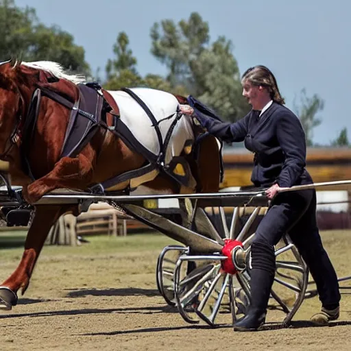 Image similar to a horse pulling a canon. the canon is harnessed to the horse and towed