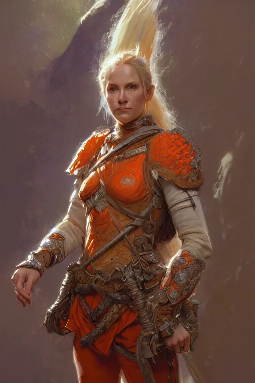 Image similar to full - body portrait of a ranger, female, white and orange breastplate, magical, high fantasy, d & d, by donato giancola, craig mullins, jeremy mann, face details, extremely detailed, digital illustration