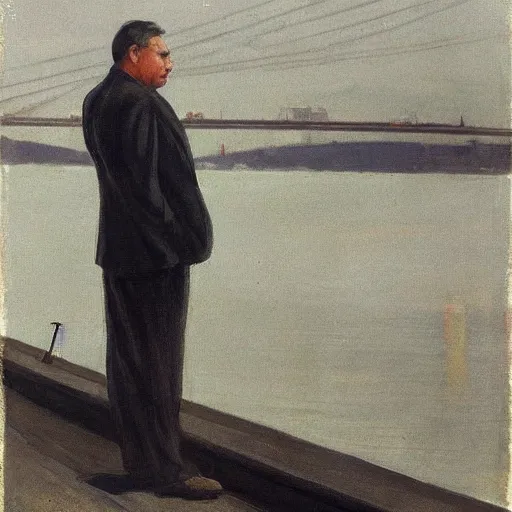 Image similar to viktor orban with highly detailed face standing on the bank of danube river, looking at the destroyed chain bridge in budapest, by edward hopper