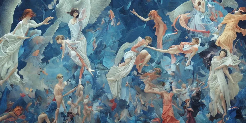 Image similar to gigantic renaissance angels painting soft light by james jean and satoshi kon and erik jones, inspired by evangelion, smooth feature, intricate oil painting, high detail illustration, sharp high detail, klein blue 1 9 9 9