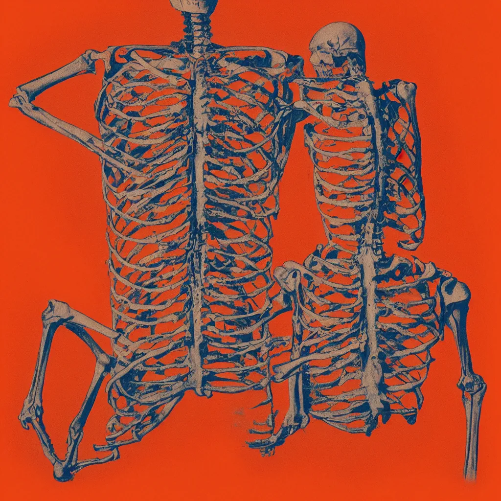 Image similar to vivid risograph of one skeleton on orange background