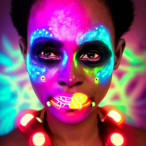 a woman with glowing neon face paint on her face,, Stable Diffusion