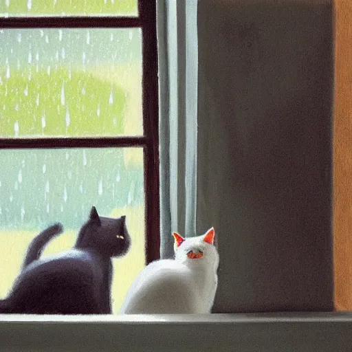 Prompt: two cats, one white and one gray, looking out a window in the rain, painted by tor lundvall