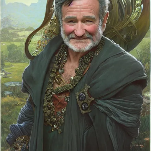 Prompt: an ultradetailed portrait of robin williams dressed as sheogorath, d & d, fantasy, intricate, elegant, highly detailed, digital painting, matte, sharp focus, illustration, art by john collier and albert aublet and krenz cushart and artem demura and alphonse mucha