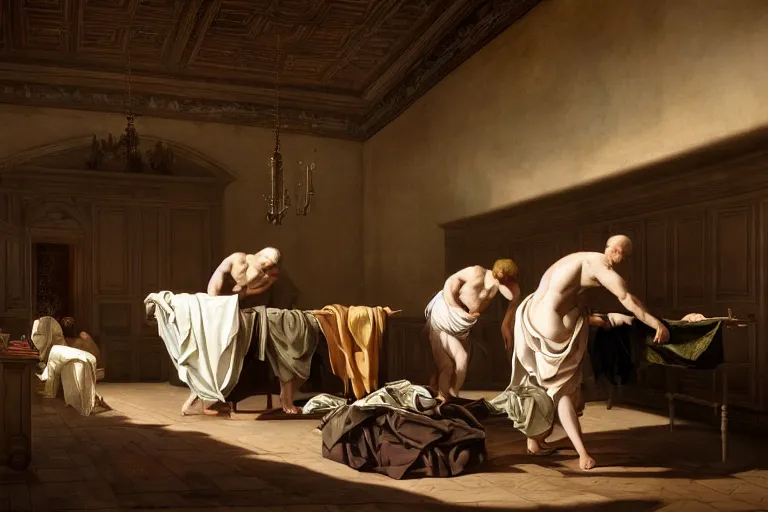 Image similar to a beautiful baroque painting of a man folding his laundry while standing in a huge bedroom, cinematic, octane render, oil on canvas, in the style of the great ceiling painting by Michelangelo and Caravaggio, Flickr, CryEngine