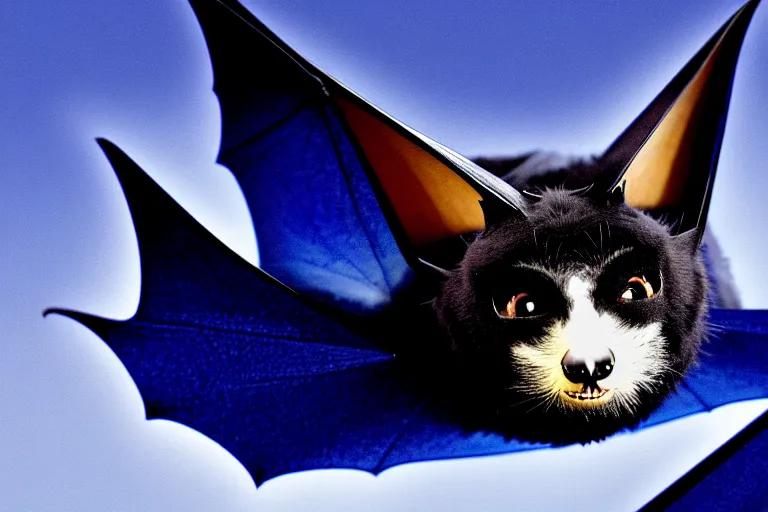 Prompt: a blue - and - black male catbat fursona with blue / green heterochromatic eyes ( one blue, one green ) and huge bat ears, photo of the catbat streaming on his computer