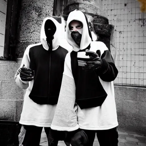 Prompt: two thugs smoking and drinking in the street wearing balaclavas, drum & bass, football hooligans, pressshot, dystopian