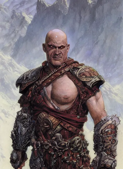 Prompt: a fantasy comic book style portrait painting of a bald half - orc male warrior, art by donato giancola and bayard wu and gustav moreau and wayne barlowe