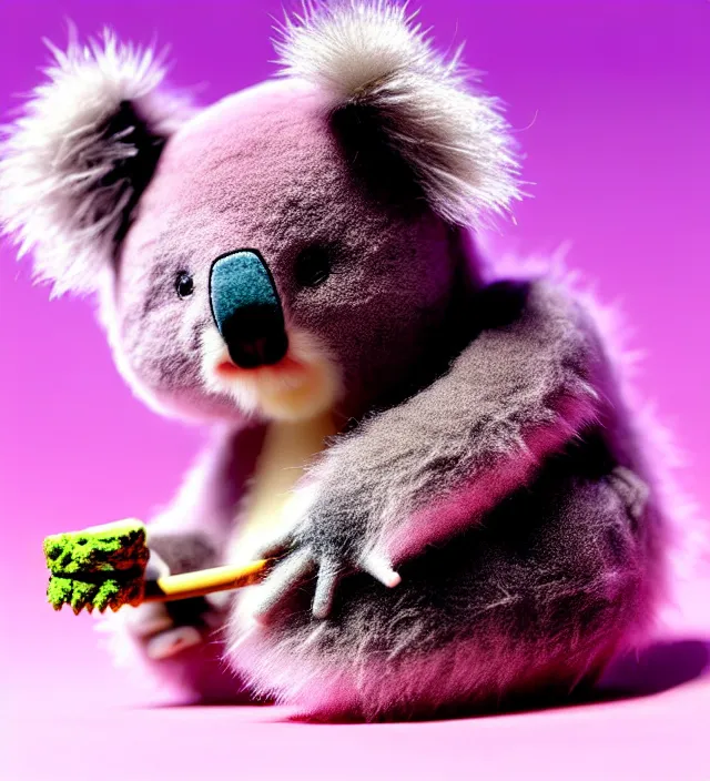 Image similar to high quality 3 d render hyperrealistic very cute small pink koala smoking weed joint, smoke rising from the joint, plush mascot, short spiky dense fluffy smooth hair, photo from the side, pink fluffy fur, 1 5 0 mm, beautiful natural soft light, rim light, smooth background, artstation, ultra detailed, elegant, ultra detailed, metallic armor, octane render