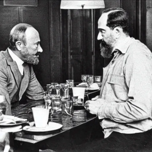 Image similar to karl marx and vladimir putin discussing capitalism, photo 1960, restaurant background