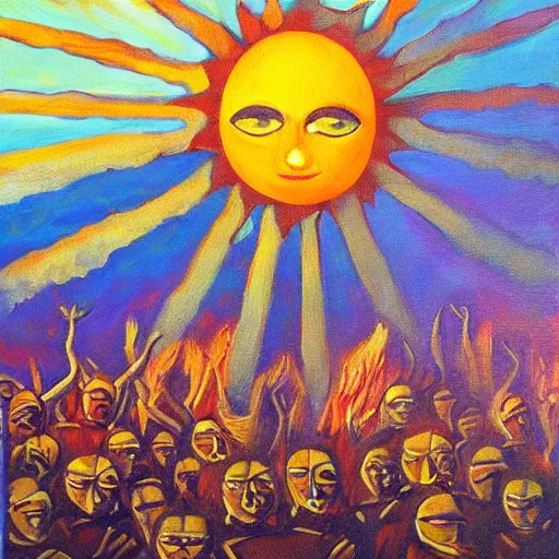 Image similar to the cult of the sun oil painting