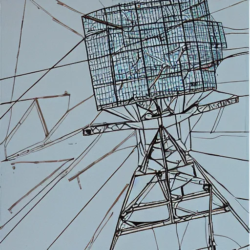 Image similar to ultra precise, asymmetric fineliner drawing of an abandoned radar array in ukraine, three colour ink marker pen on rainbow spattered glossy paper. bold lines, gallery quality, photorealistic, very detailed, 8 k