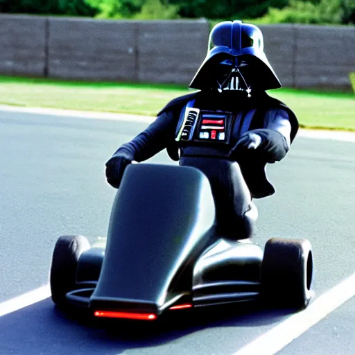 Image similar to darth vader racing a go kart in a race track