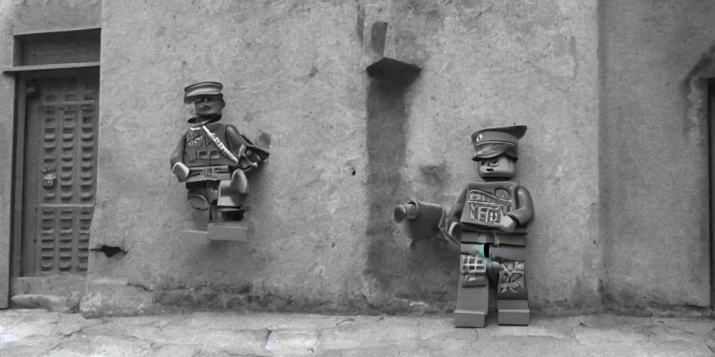 Prompt: ragged lego soldier guarding a bank in french town, military fortifications, 1 9 4 4 kodak 1 2 6 film photo, 5 0 mm lens, f 3. 5, slight light leak on camera