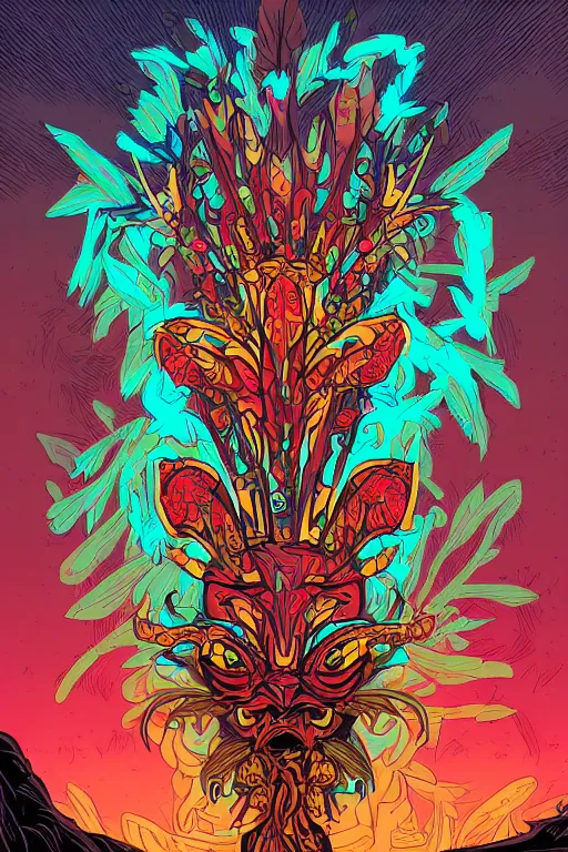 Image similar to animal mask totem roots flower tribal feather gemstone plant wood rock shaman vodoo video game vector cutout illustration vivid multicolor borderlands comics by josan gonzales and dan mumford radiating a glowing aura