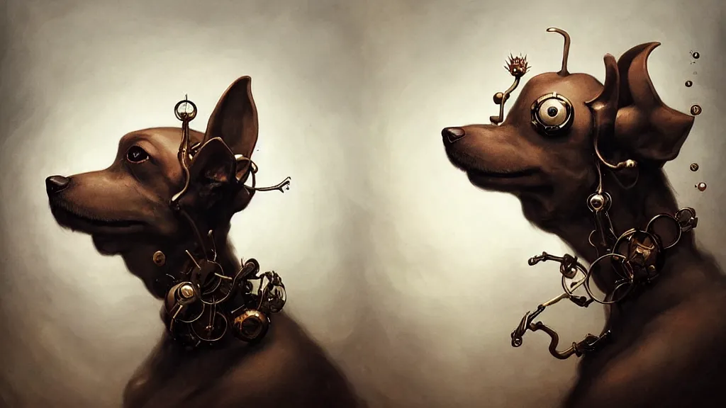 Image similar to a clockwork dog contemplating its owner, in the style of peter mohrbacher by weta digital and beth cavener, masterpiece, award winning, high face symmetry, intricatein the style of peter mohrbacher by weta digital and beth cavener, masterpiece, award winning, high face symmetry, intricate