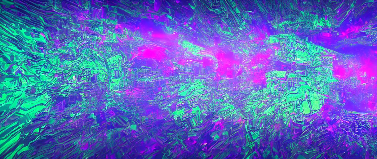 Image similar to dream landscape, houdini software simulation, glitch art, particle flow, generative art, volumetric object, physical particles, translucence, cinematic lighting, iridescence, by ash thorpe