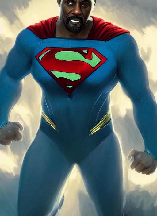 Image similar to Idris Elba as Superman (2019), zac snyder, fantasy, intricate, elegant, highly detailed, digital painting, artstation, concept art, smooth, sharp focus, illustration, art by artgerm and greg rutkowski and alphonse mucha