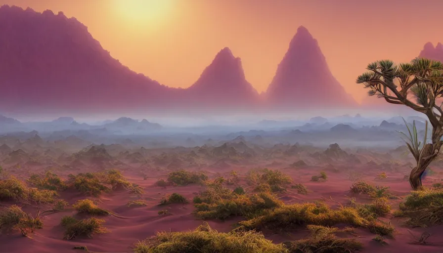 Prompt: beautiful desert oasis exoplanetary surface, small sand dunes, distant jungles tall trees and mountains obscured by mist, 4 k cinematic panoramic view, by bruce pennington, ted naysmith, evgeny lushpin