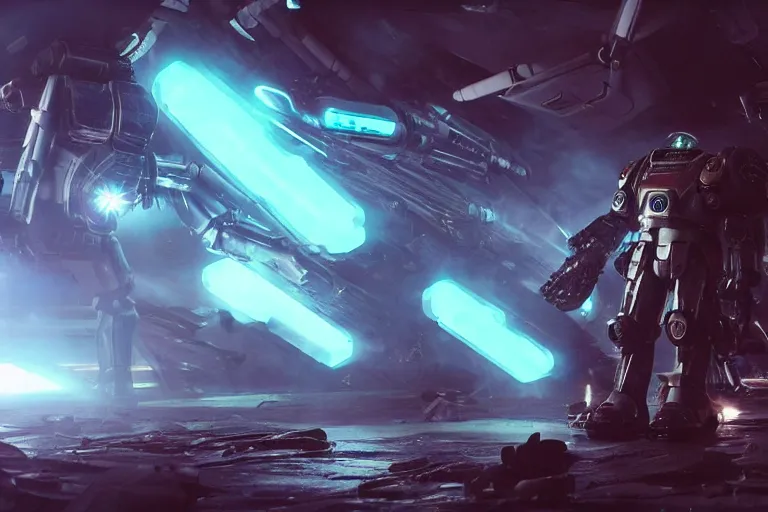 Image similar to VFX movie of a futuristic inhuman alien spacemarines Mech in future spaceship, firing gun at alien horde detailed creature skin neon lighting by Emmanuel Lubezki