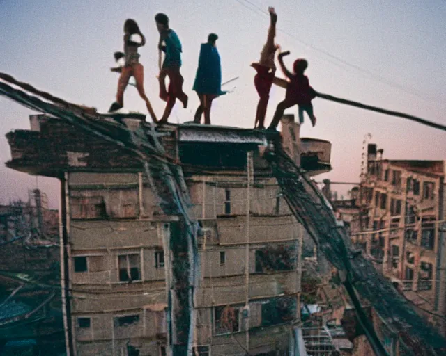 Image similar to lomo photo of roofjumpers climbing on roof of soviet hrushevka, small town, cinestill, bokeh, out of focus