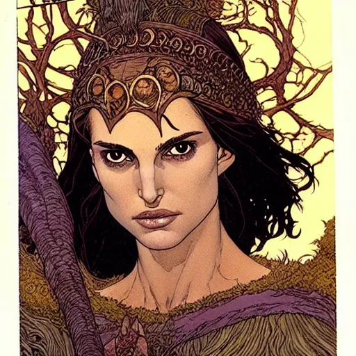Image similar to a realistic, very beautiful and atmospheric portrait of a young and lithe natalie portman as a druidic warrior wizard looking at the camera with an intelligent but seductive gaze by rebecca guay, michael kaluta, charles vess and jean moebius giraud