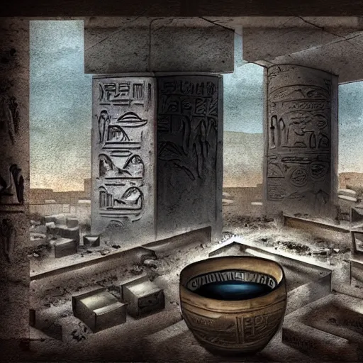 Prompt: a desolate abandoned destroyed city, featuring a mysterious vase covered in hieroglyphics, digital art