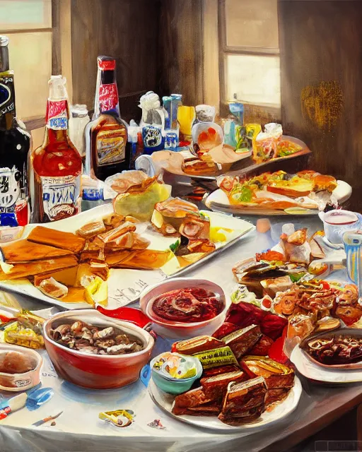 Image similar to a painting of a table full of british foods, concept art by taro yamamoto, pixiv contest winner, auto - destructive art, official art, concept art, pixiv