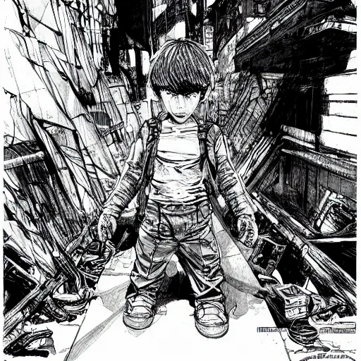 Image similar to frightened child, hiding under a table, concept art, intricate line drawings, pen and ink poster, in the style of yoji shinkawa, moebius comic, marc simonetti, miura