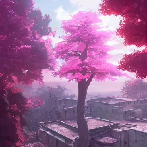 Prompt: a beautiful pink tree growing out of apocalyptic ruins. Makoto Shinkai, anime, trending on ArtStation, digital art.