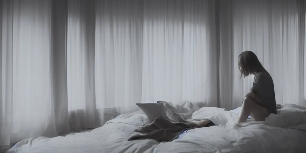 Image similar to woman sitting on bed, looking out the window, minimalistic room, soft light coming from outside, cold atmosphere, shot by fincher