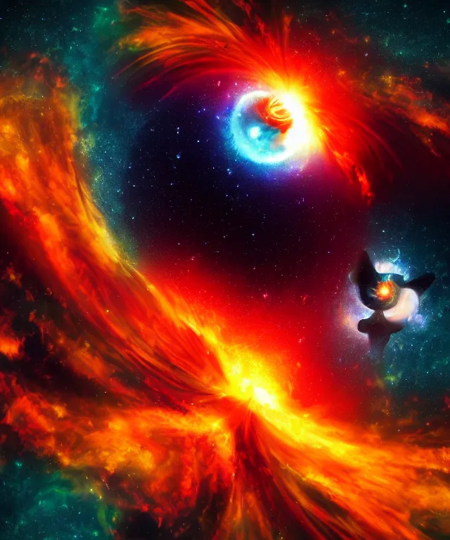 Image similar to black hole, sun, space, bright colors, surreal art, phoenix flames, nebula clouds, soft tones