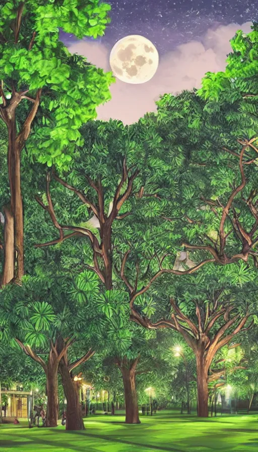 Image similar to a city park at night in Merida Yucatan Mexico with Ceiba trees and a full moon. fantasy illustration